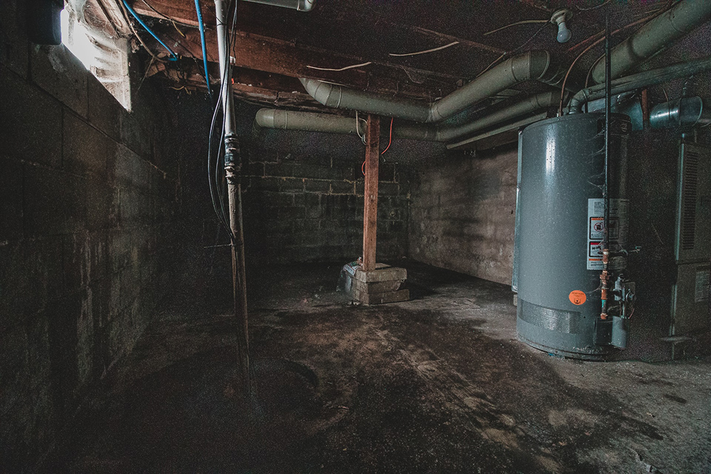 Bare unfinished basement with furnace and pipes.

Asheville basements.